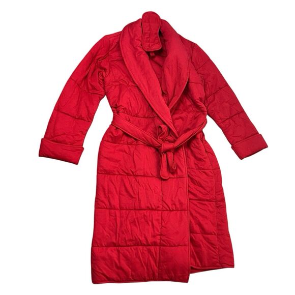 Skin X J Crew Robe Red Quilted Waist Tie Shawl Cotton W Eye Mask - Picture 2 of 13